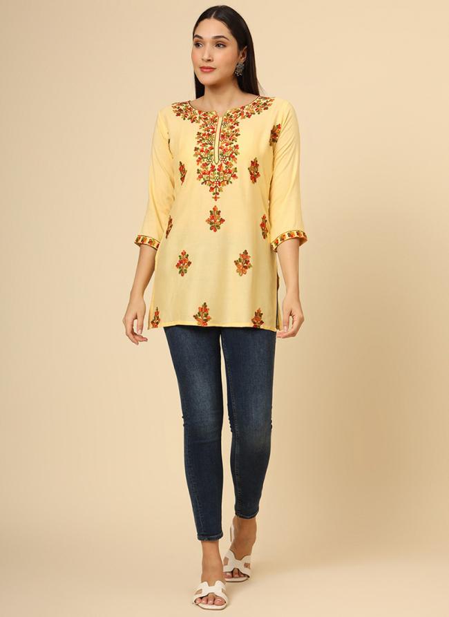 Rayon  Yellow Office Wear Embroidery Work Readymade Top